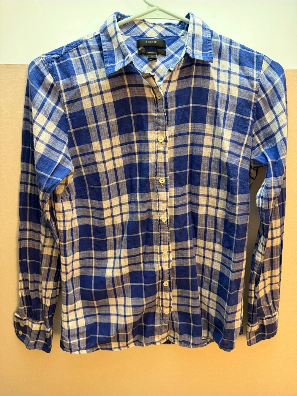 J. Crew Perfect Blue and White Plaid Long-Sleeve Button-Down Shirt size 4